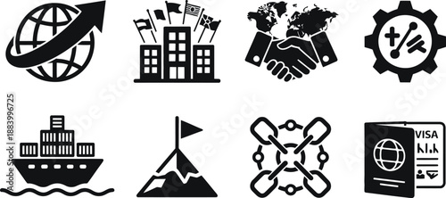 A collection of black and white icons representing global business and travel