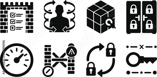 A collection of black and white security icons on a clean background