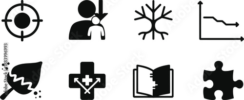 A collection of black and white icons on a plain background