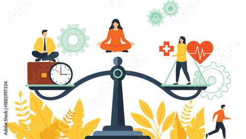Work–life balance concept illustration with people, health, and productivity