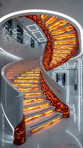 A modern staircase with vibrant orange lighting in a sleek, contemporary building interior