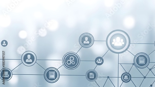 Digital icons connected in a network diagram on a blurred background