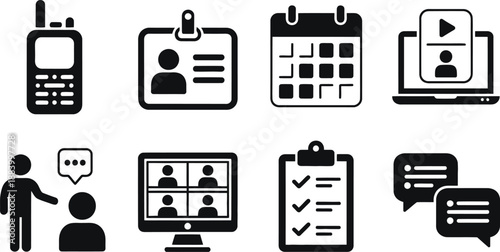 A collection of black and white icons representing business communication tools