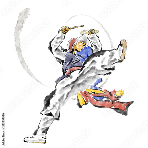 Tapety artystyczne 한국의 민족 축제 공연. 밝은 색의 수트를 입은 음악가와 무용수들이 전통 한국 민속 놀이인 풍물놀이 또는 사물놀이 공연을 하고 있습니다.