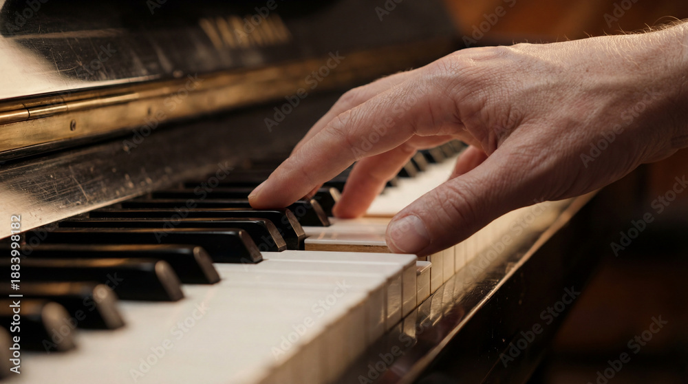 Fototapeta premium Hand playing old piano keys.