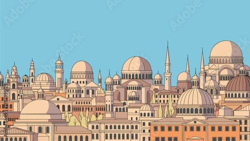 Illustration of a Skyline with Domes and Minarets under a Blue Sky