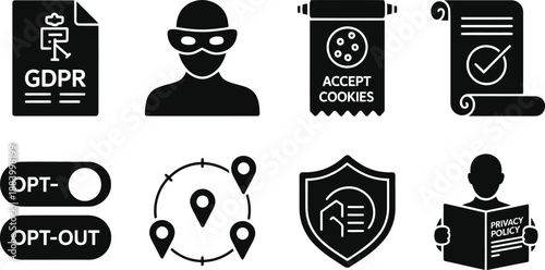 A collection of black and white icons related to data privacy and security