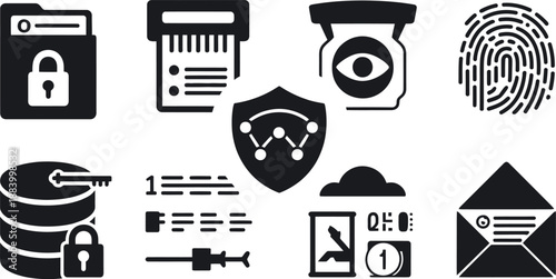 A collection of black and white cybersecurity icons on a clean background