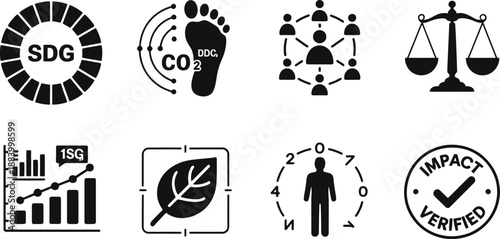 A collection of black and white icons representing sustainable development goals