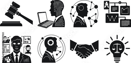 A collection of black and white icons representing law, technology, and business concepts