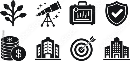 A collection of business and finance icons on a white background