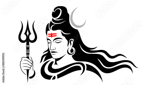 Lord Shiva Portrait with Trishula and Crescent Moon, Hindu Deity Mahadev Black Silhouette Vector Art, Spiritual Bholenath Illustration for Maha Shivaratri, Religious Indian God Graphic