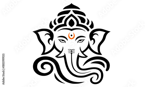 Lord Ganesha Silhouette Illustration with Orange Tilak, Hindu Deity Ganpati Bappa Vector for Ganesh Chaturthi Festival, Spiritual Elephant God Graphic Design, Religious Wisdom Symbol