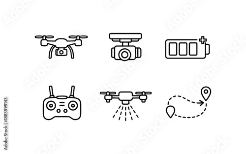 Set of drone technology icons including camera, controller, battery, and navigation