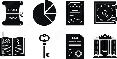 Financial icons including trust fund, tax, and safe