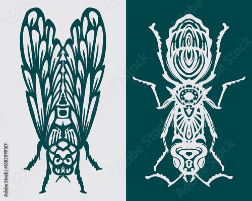 Detailed stencil illustrations of insects fly and ant clip art vector tattoo ink style sticker print art editable