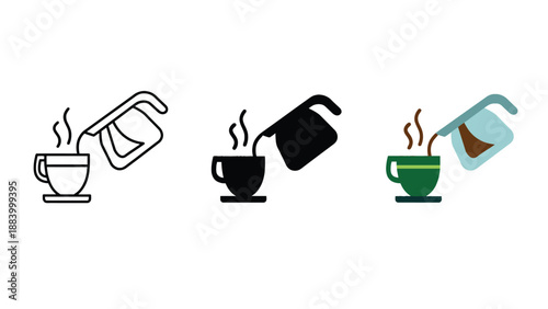 A set of coffee pouring icons in different colors and styles