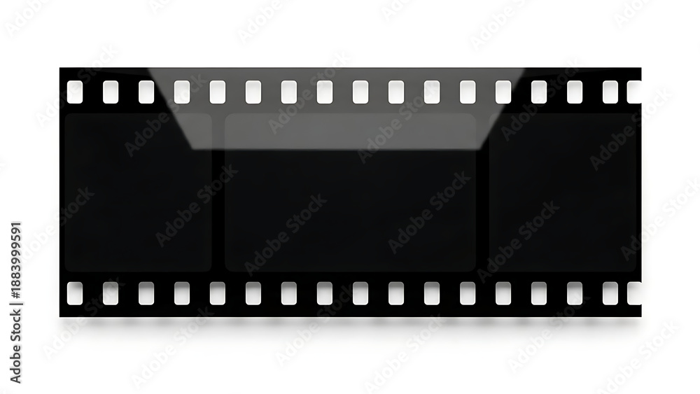 Fototapeta premium Blank black film strip with three frames and perforations on a white background.