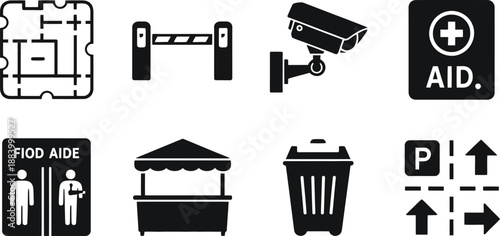 A collection of black and white icons for public facilities and services