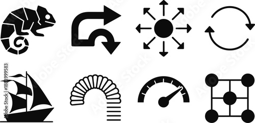 A collection of black and white icons on a plain background