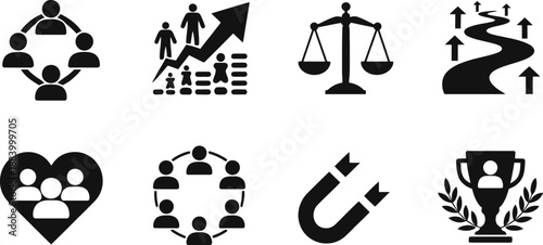 A collection of black and white icons representing business and teamwork concepts