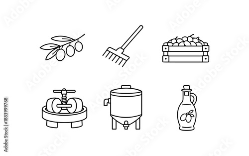 Olive oil production process icons: harvesting, pressing, storage, and bottling