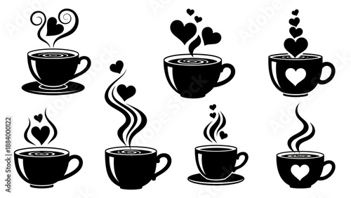 Eight black silhouette vector illustrations showcasing coffee cups steaming with heart shapes indicating love and warmth in various designs