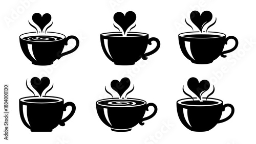 Set of six stylized black vector images illustrating hot coffee or tea cups releasing steam shaped like romantic hearts suitable for love themed beverages