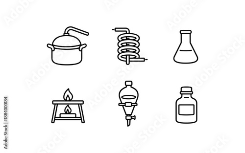 Set of laboratory equipment icons for distillation and chemistry experiments