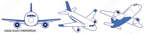 正面・斜め・上空視点の旅客機イラストセット　シンプルな線画スタイルの飛行機アイコン　航空・旅行・空港デザイン素材