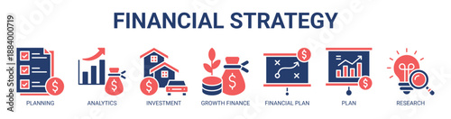 Financial Strategy web banner icon vector illustration concept with icon of financial planning, analytics, investment, growth finance, financial plan, plan, and research.