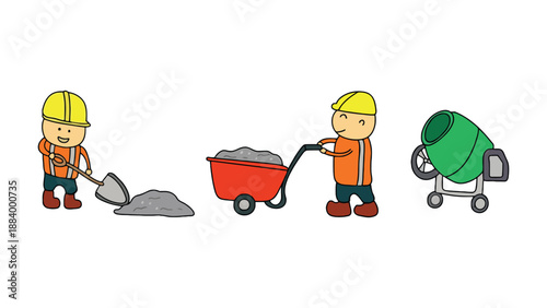 Two construction workers in orange vests and yellow hard hats working on a building site with tools and equipment