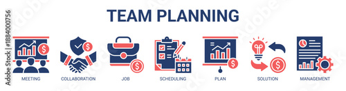 Team Planning web banner icon vector illustration concept with icon of financial meeting, collaboration, job, scheduling, plan, solution, and management report.