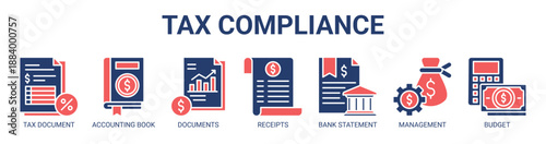 Tax Compliance web banner icon vector illustration concept with icon of tax document, accounting book, financial documents, receipts, bank statement, financial management, and budget.