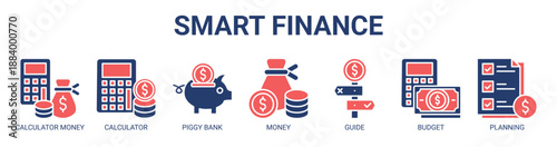 Smart Finance web banner icon vector illustration concept with icon of calculator money, calculator, piggy bank, money, financial guide, budget, and financial planning.