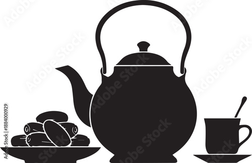 Kettle teapot dates cup saucer traditional ramadan iftar suhoor food vector illustration set