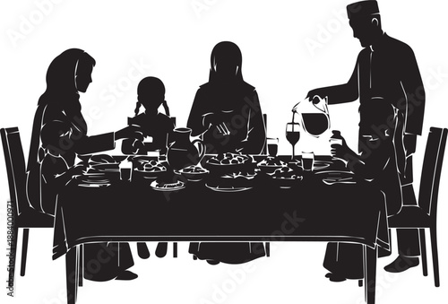 Muslim family iftar dinner breaking fast gathering table meal vector illustration silhouette art