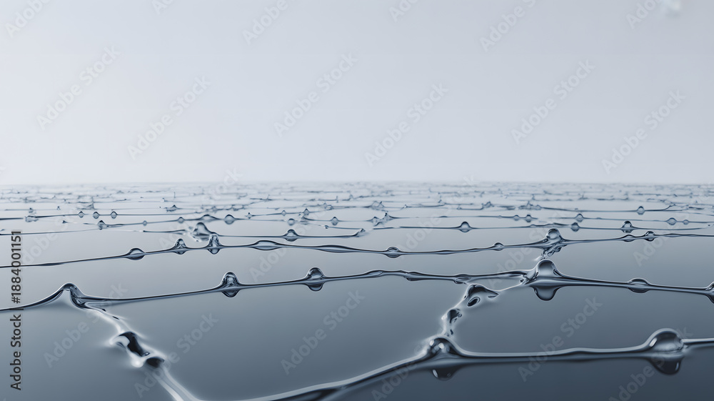 Fototapeta premium Intricate network of water droplets displaying surface tension on a reflective blue surface