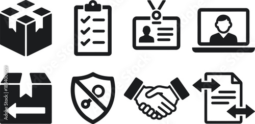 A collection of business and security icons on a white background