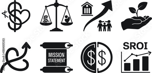 A collection of black and white icons representing business and finance concepts