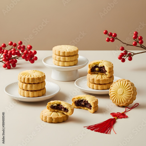 Delicious sweet pastries filled with red bean paste on a festive table