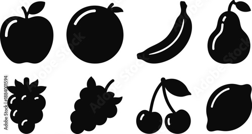 A set of black silhouettes of various fruits on a white background
