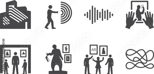 A collection of black and white icons depicting people and technology