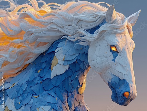 Fantasy Horse Digital Art with Iridescent Mane and Sapphire Satin Body, Glowing Golden Eyes Against Dreamy Gradient Sky