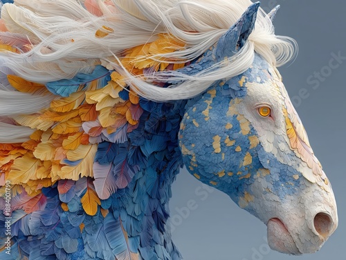 Majestic Fantasy Equine Digital Art: White Head with Glowing Eyes and Multicolored Flowing Mane on Sapphire Satin Body Against Gradient Sky
