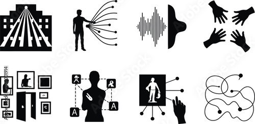 A collection of black and white icons representing communication and connection