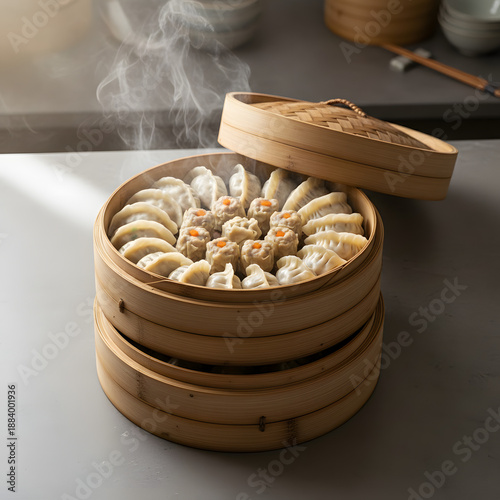 Steamed dumplings in a bamboo steamer on a table indoors