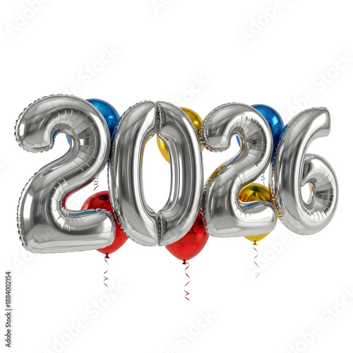 Silver balloons forming 2026 surrounded by colorful balloons in festive atmosphere