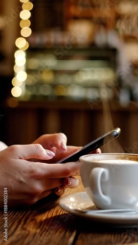 A person holding a smartphone and a cup of coffee on a wooden table in a cafe