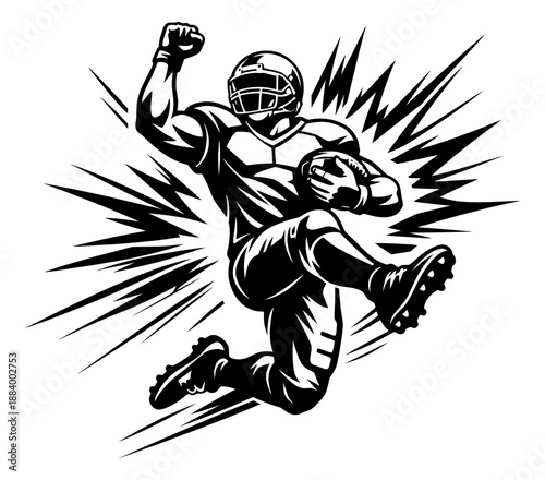 Graphic line art illustration of an american football player depicting an explosive touchdown celebration for sports and competition themes
